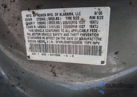 2007 Honda Odyssey Ex from USA, damaged, VIN 5FNRL38497B002686